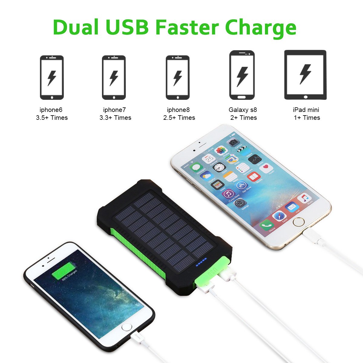 FLOUREON 10,000mAh Solar charger Power Bank Portable Phone Charger External Battery Charger with Dual 2.1A USB LED Flashlight Output Charging for iPhone 8/ 8 Plus/ X/ 7/ 6s, Samsung Galaxy S8/ S7/ S6 and More (Green)