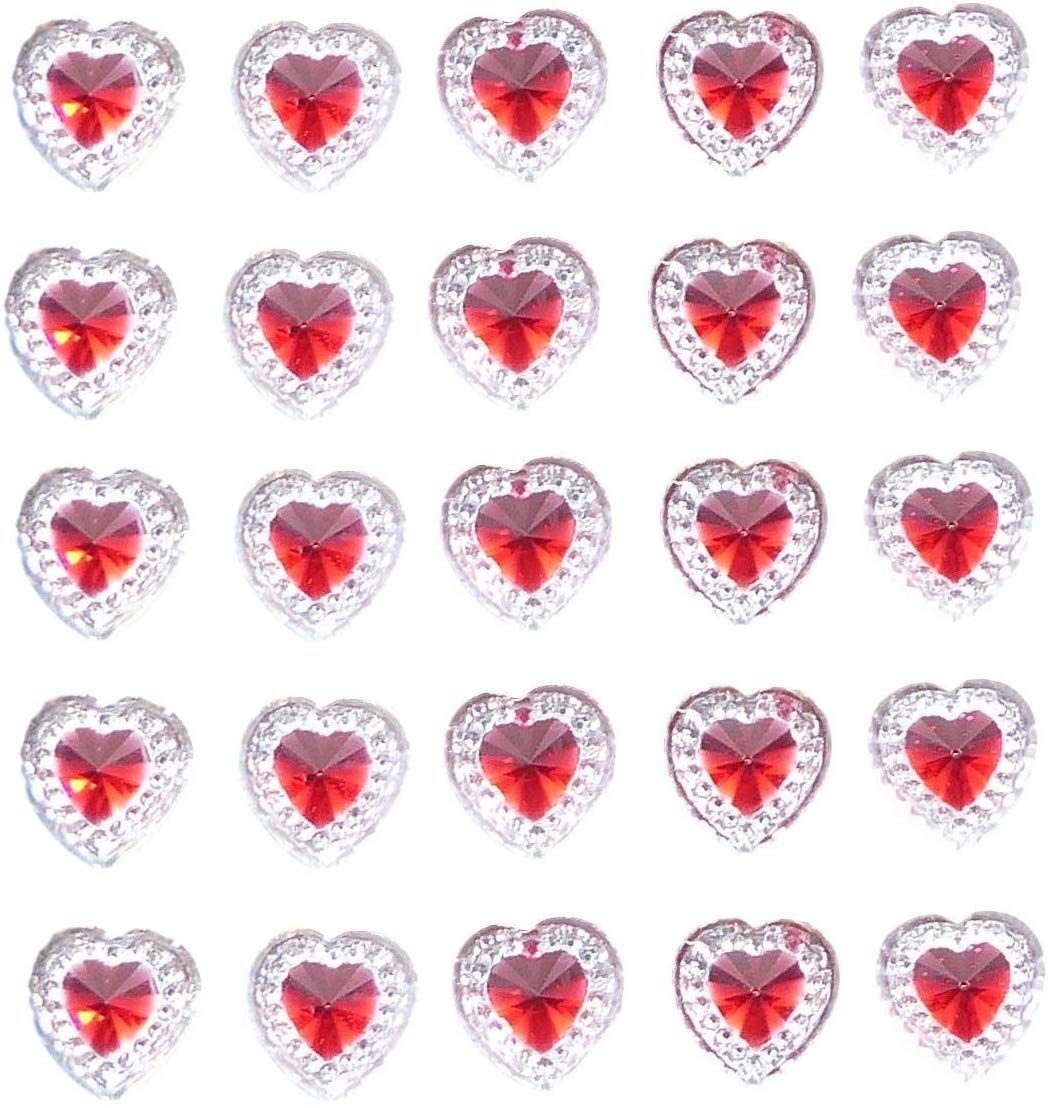 Syntego 40 x Self Adhesive Heart Gems Clear with Coloured Center Diamante Rhinestones Acrylic Crystals Stick on Gems Embellishments, Crafts, Invitations (Red)