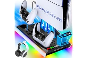 TOKLUCK PS5/Slim/Pro Cooling Station with Auto Turbofan & 3-Level Speed, PS5 Vertical Stand Cooling Fan Station with Controller Charger, Accessories Base Cooler Docking Station for Sony Playstation 4 Charger