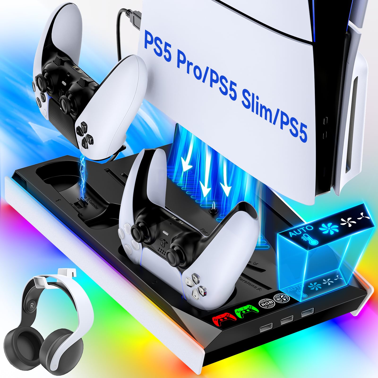 Tokluck PS5/Slim/Pro Cooling Station with Auto Turbofan & 3-Level Speed, PS5 Vertical Stand Cooling Fan Station with Controller Charger, Cooler Docking Station for PlayStation 4 Adapters