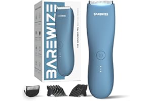 BAREWIZE Body Hair & Pubic Hair Trimmer for Men & Women, Painless Electric Body & Bikini Shaver | Waterproof, Type-C Rechargeable, LED Light, Replaceable Blade, Manscape Personal Groomer (Denim Blue)