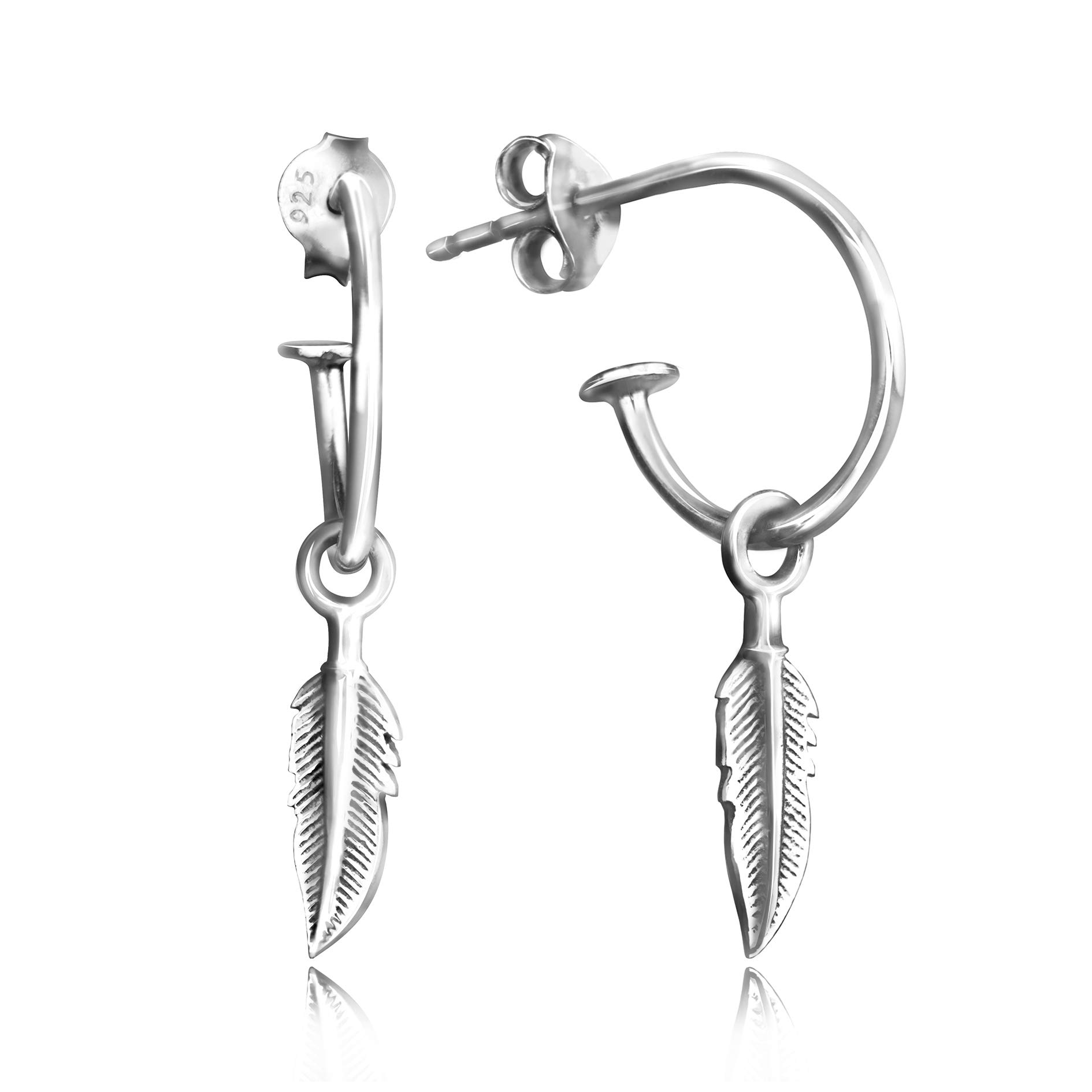 TJS Open Hoop Earrings with Feather Charms 925 Sterling Silver Nickel-Free Hypoallergenic Suitable for Women and Men, Stud Fitting with Butterfly Fastening