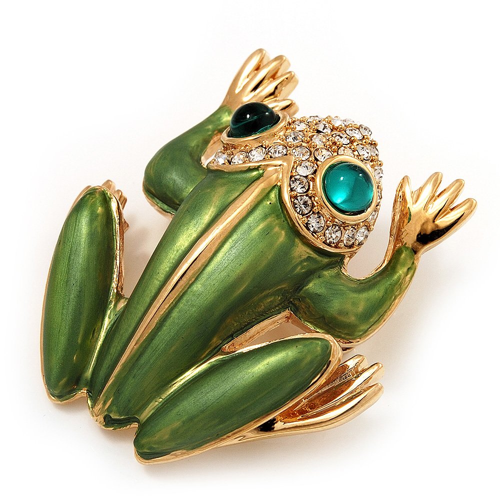 Large Bright Green Enamel Diamante 'Frog' Brooch In Gold Plated Metal - 4.5cm Length