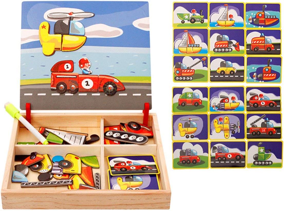 Wooden Magnetic Puzzle Toys Children 3D Puzzle Figure Animals Drawing Board Learning Wood Toys for Kids(Color:Car Tools)
