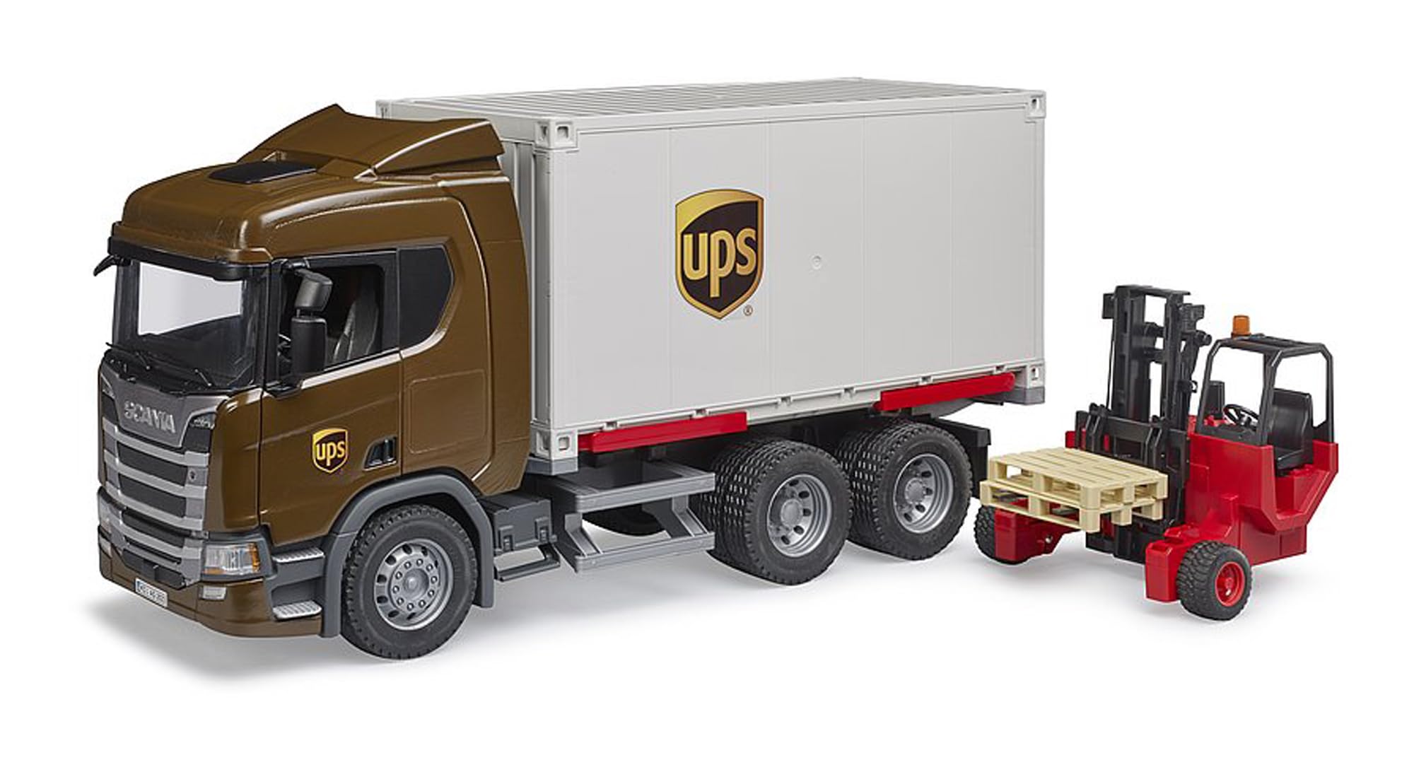 bruder 03582 - Scania Super 560R UPS Logistics Truck with Takeaway Forklift - 1:16 Vehicles, Parcel Delivery Forwarder, Forwarder, Forwarder, Transporter, Toy from 4 Years