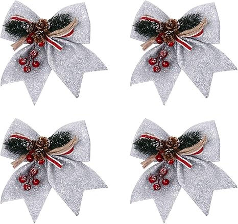 Amazon Co Jp Exceart 4pcsクリスマスリボン弓rnamentsホリデーデコラティブボウリースガーランドギフトラッピング用品 シルバー ホーム キッチン