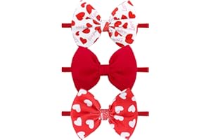 LANMERRY Baby Girl Bows Valentines Headbands Red Love Heart Hairbands 4.5'' Hair Bow Elastic Nylon Hairbands Hair Accessories for Newborn Infant Toddler 3Pcs