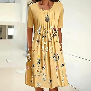 Women's Floral Print Round Neck Half Sleeve Loose Midi Dress with Pockets