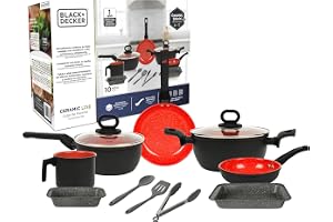Jogo de Panelas BLACK DECKER 10 Peças Ceramic Line - Red Stone | Revestimento Antiaderente em Cerâmica, Compatível com Fogão de Indução, Tampa de Vidro e Utensílios de Silicone