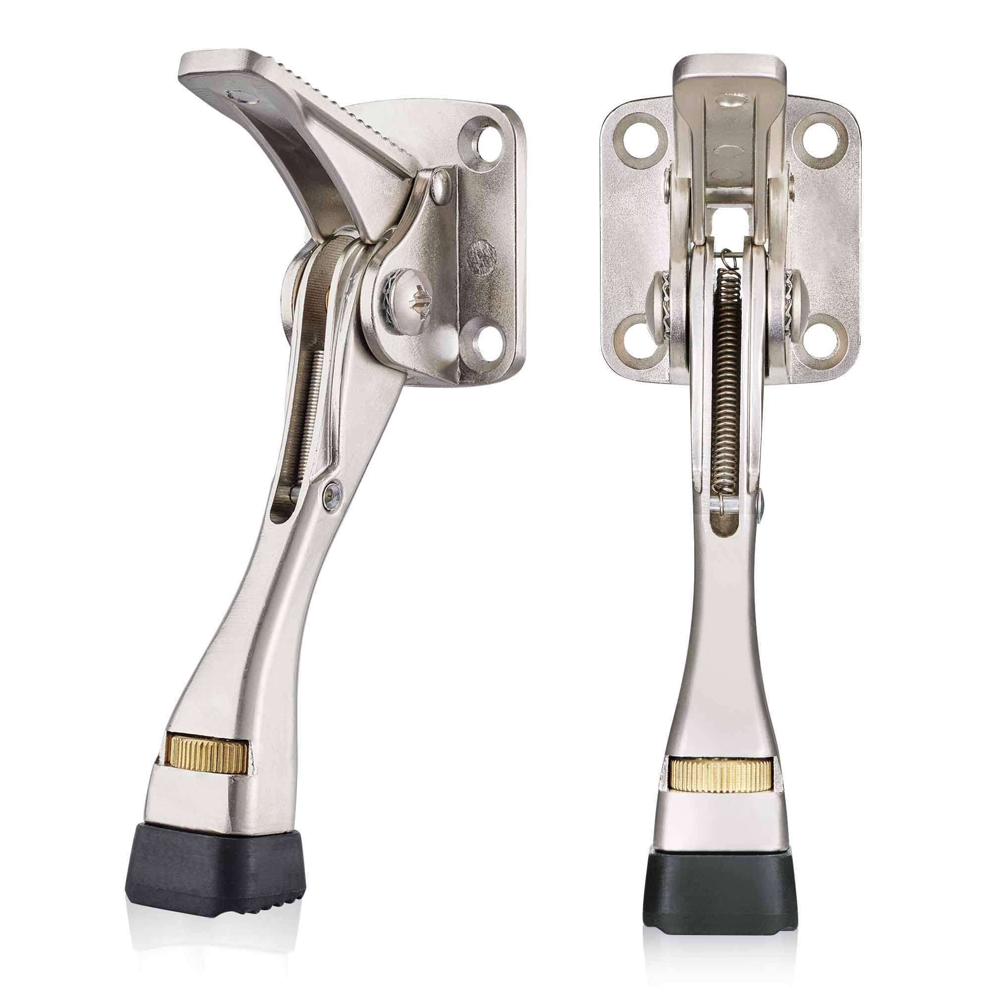 Photo 1 of Kickdown Door Stopper 4" – 2 Pack, Heavy-Duty Commercial Foot-Operated Door Holder with 4-Hole Backplate, Adjustable Rubber Tip, Satin Nickel