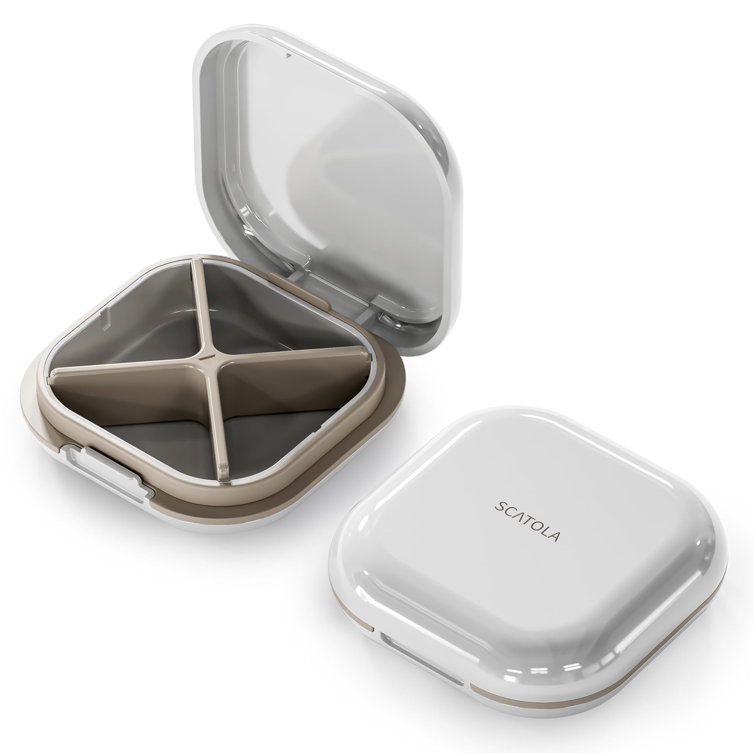 Photo 1 of ONTERATE Small Pill Case, Travel Pill Box, Portable Pill Organizer, Pill Container for Pocket 4 Compartments, Daily Compact Travel Medicine Holder for Vitamins Medication (Light Grey)