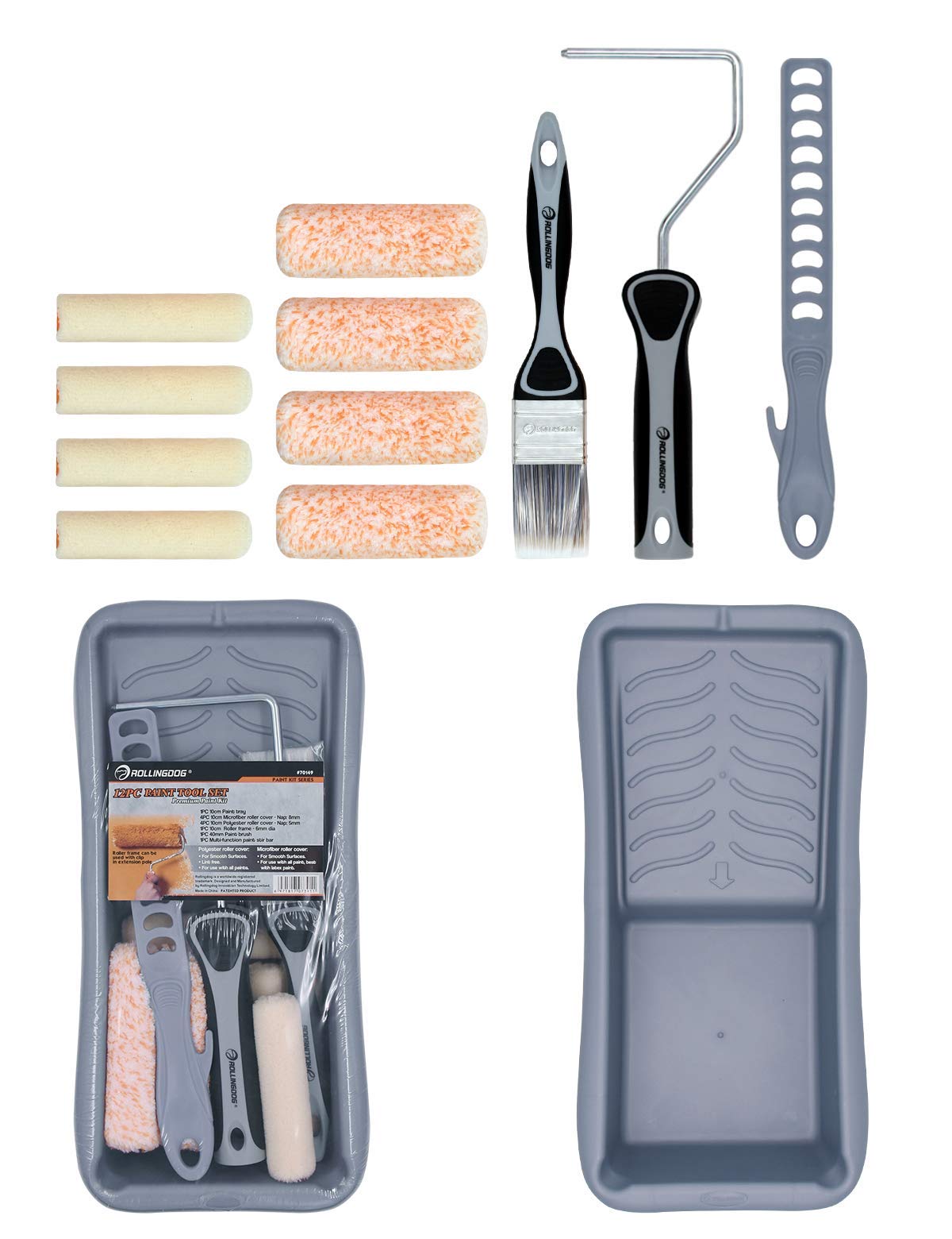 ROLLINGDOG Mini Paint Roller Set- Mini Rollers for Painting,Mini Microfiber Velour Roller Sleeves,Paint Stir Bar,Great for Painting Cabinets and Doors(4 Inches,Pack of 12)