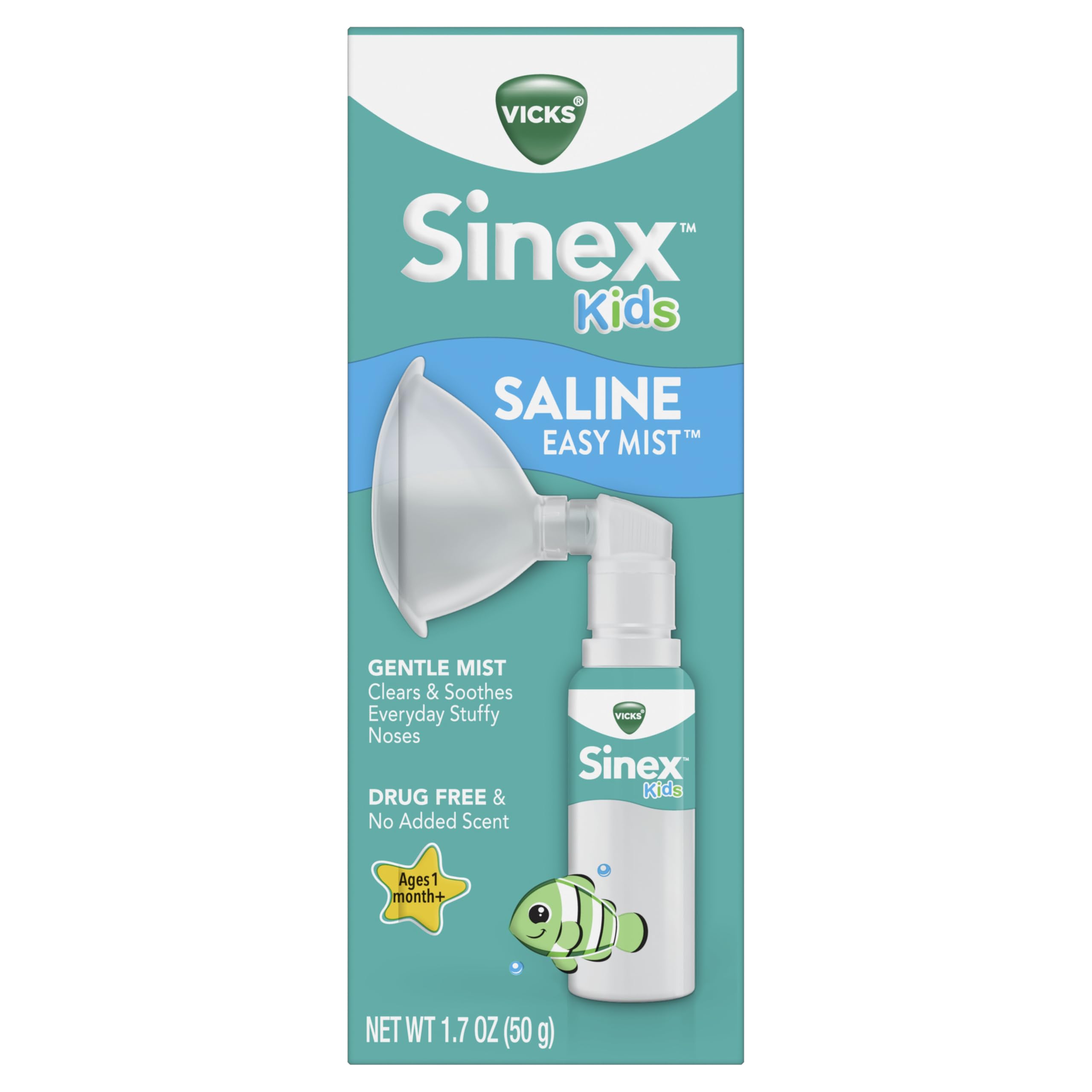 Vicks Sinex Kids Saline Easy Mist, Drug Free Saline, Ages 1 Month+, Gently Clears and Soothes Everyday Stuffy Noses, Safe for Daily Use, 1.7 OZ