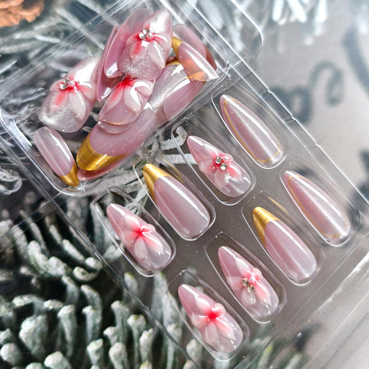 24Pcs Gold French Tip Press on Nails Medium Almond Fake Nails Luxury 3D Flower False Nails with Rhinestones Designs Elegant Sparkly Acrylic Nails Full Cover Flowers Glue on Nails for Women Girls - Image 3