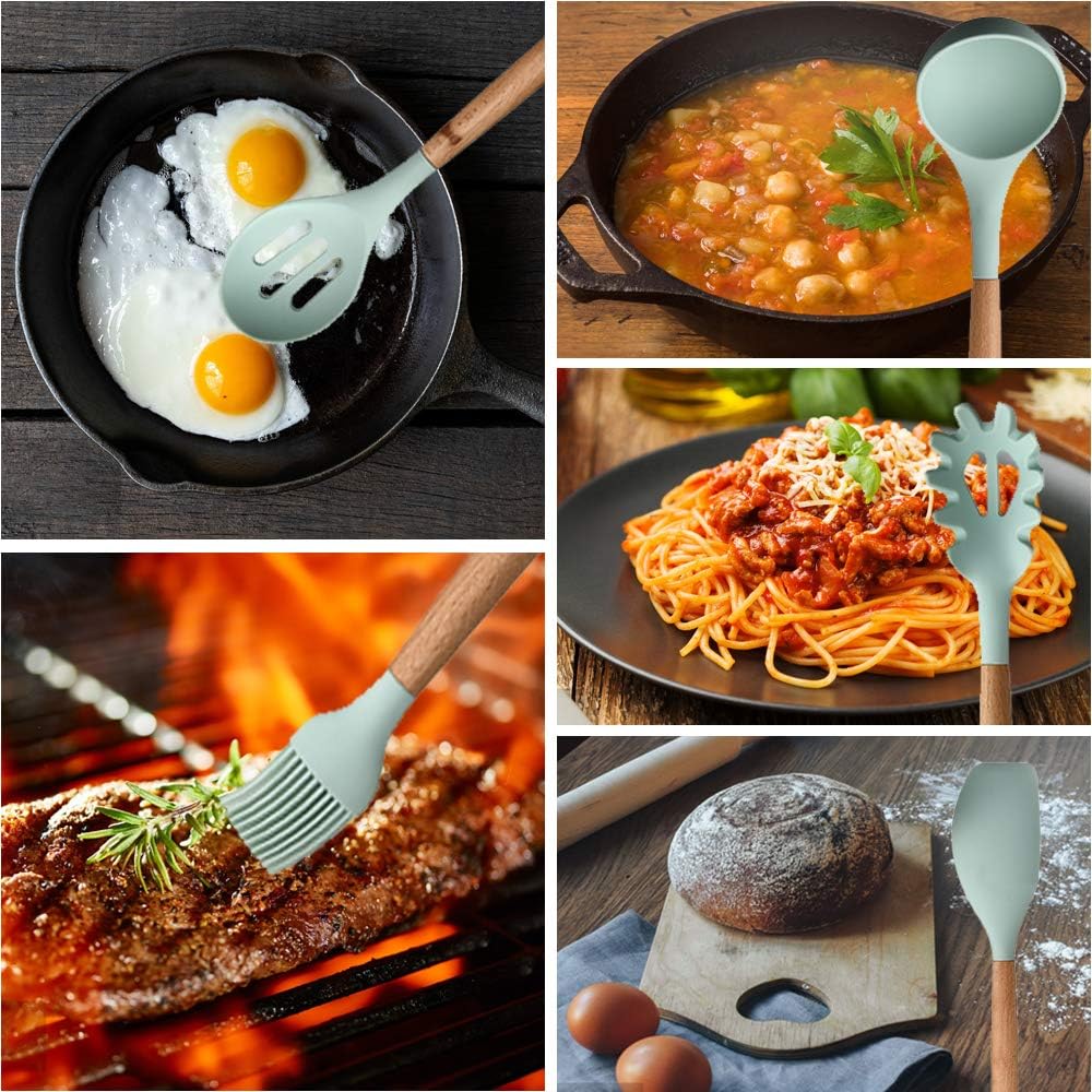 Silicone Kitchen Utensils Set, 12Pcs Kitchen Cooking Utensils Set with Hook, BPA Free Non-toxic Kitchen Gadgets Set, Heat-resistant Kitchen Tool Set with Wooden Handle, Best Kitchen Utensils Gift: Kitchen & Dining