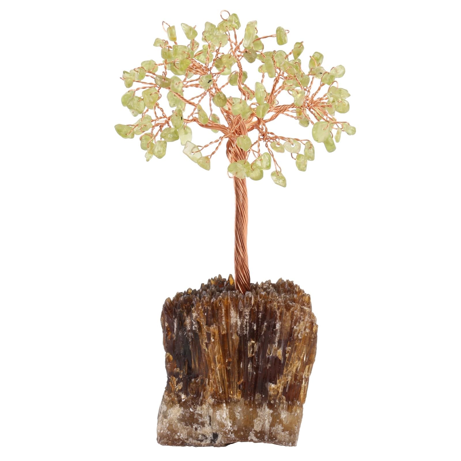 mookaitedecor Natural Peridot Green Healing Crystal Tree on Amber Calcite Cluster Base Feng Shui Money Tree Ornament for Home, Semi Precious Gemstone Bonsai Tree Raw Crystal Gift Reiki Room Decor