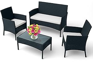 EconoHome 4-Piece Outdoor Patio Furniture Set - Patio Set with 2 Rattan Chairs, 1 Loveseat & 1 Glass -Top Coffee Table - Weather-Proof Wicker with Cushions - Conversation Set for Porch, Balcony, Lawn