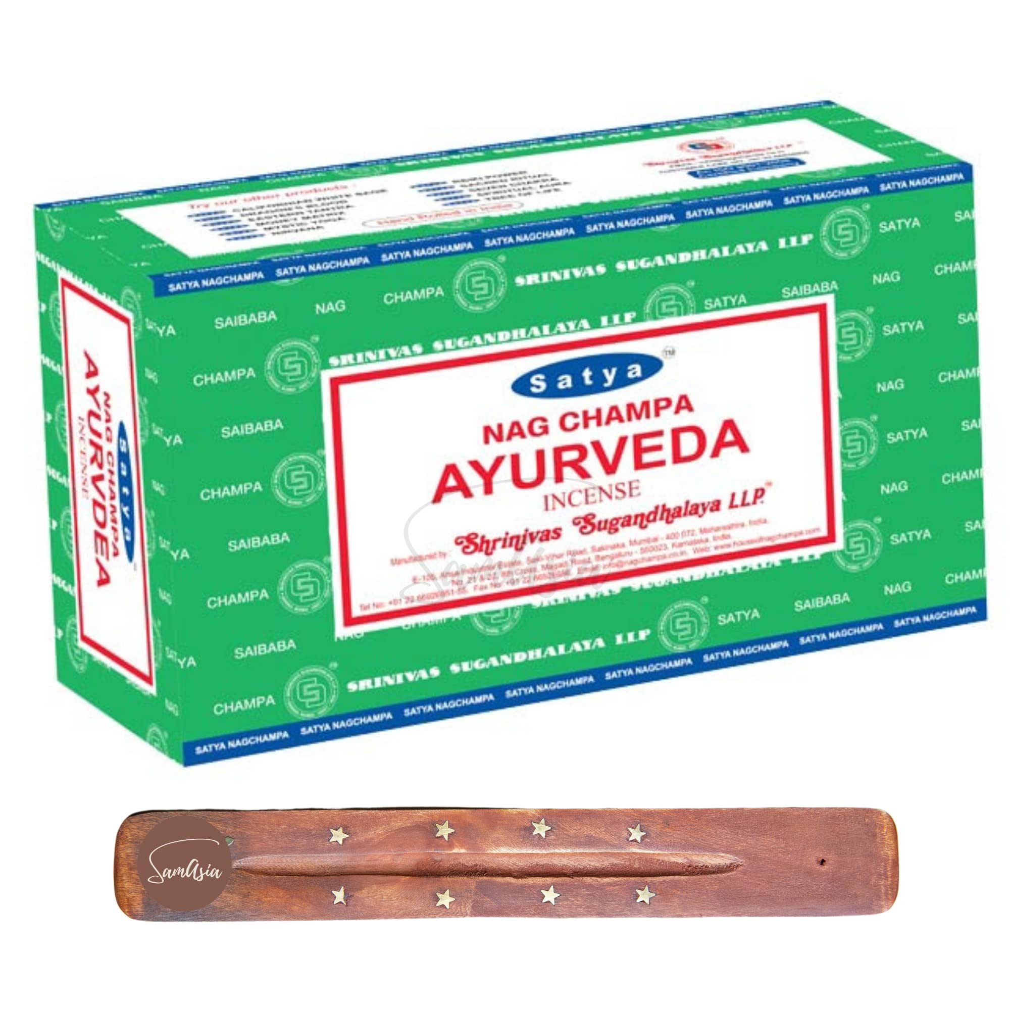 Satya Nag Champa Ayurveda Incense Sticks | x12 pack | with SAMASIA incense sticks holder | Used for Ayomatherapy, Spa, Yoga, Weddings, Meditation, Healing, Positivity and Relaxation