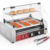 HOUSNAT Hot Dog Roller, 7 Rollers 18 Hot Dog Capacity,1050W Stainless Steel Hot Dog Machine with Bun Shelf, Drip Tray, Glass Cover &amp; Dual Temp Control for for Kitchen, Party, and Canteen Use