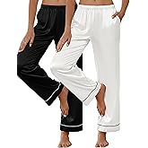 Ekouaer 2 Pack Women Silk Satin Pajamas Pants Lounge Pants Loose Elastic Waist Pj Bottoms with Pockets