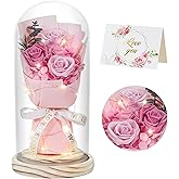 HVY Flowers Gifts for Her Mom Women Preserved Forever Fresh Flowers Bouquet with Blue and White Roses in Glass Dome Suitable for All Occasions Valentines Mothers Day Anniversary Thanksgiving Birthday
