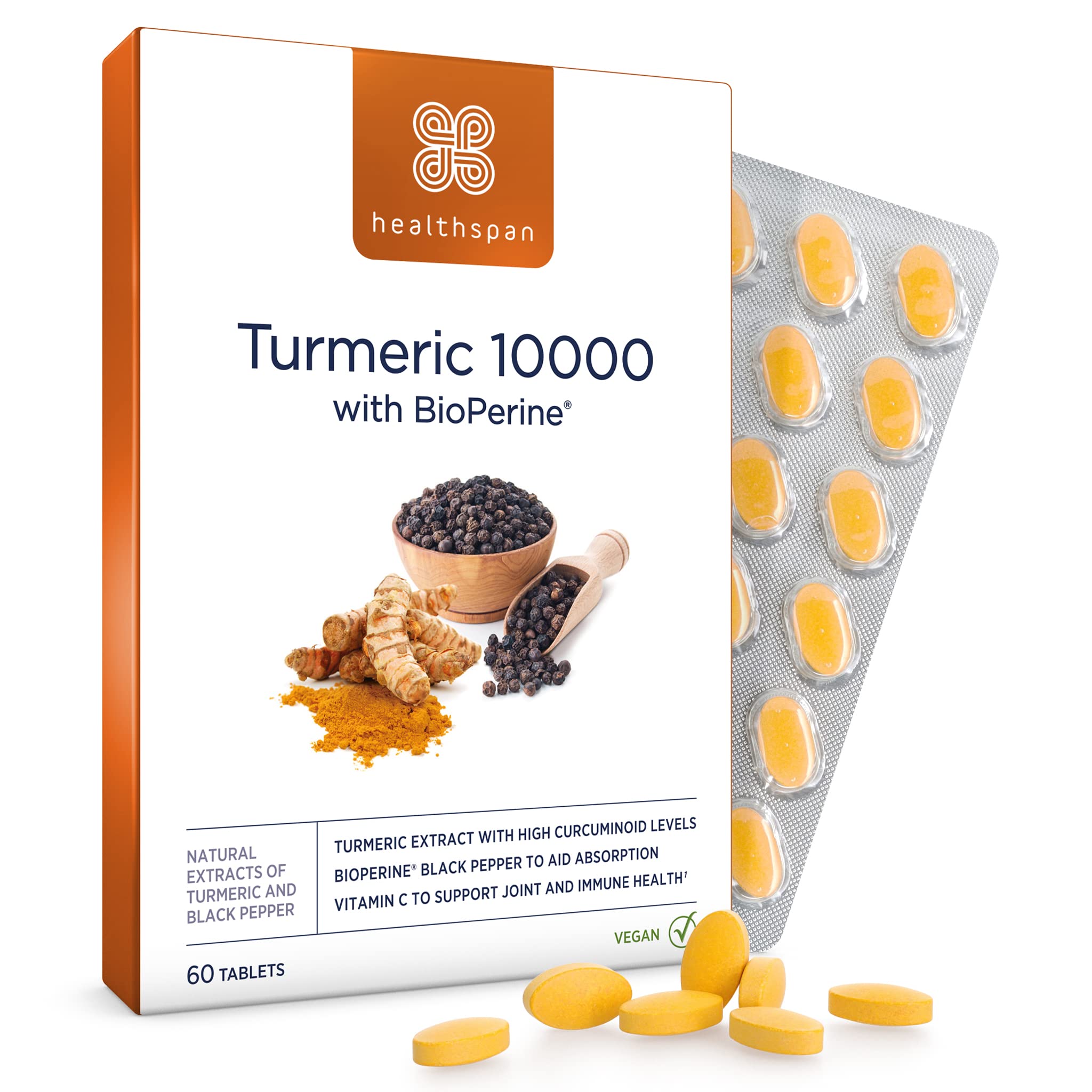 Healthspan Turmeric 10,000mg with BioPerine Black Pepper Extract (2 Months’ Supply) | High Potency Turmeric Extract | Supports Immune, Bone & Cartilage Health | BioPerine aids Absorption | Vegan