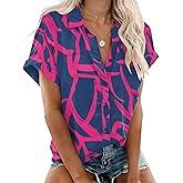 Rapbin Women's Button Down Shirt Short Sleeve Casual Blouse Shirts V Neck Collared Tops