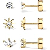 YADOCA Sterling Silver Flat Back Earrings for Women Hypoallergenic 14K Gold Plated Flatback Stud Earrings Trendy Cartilage Helix Conch Tragus Piercing Jewelry 3 Pairs Dainty CZ Opal Earring Set