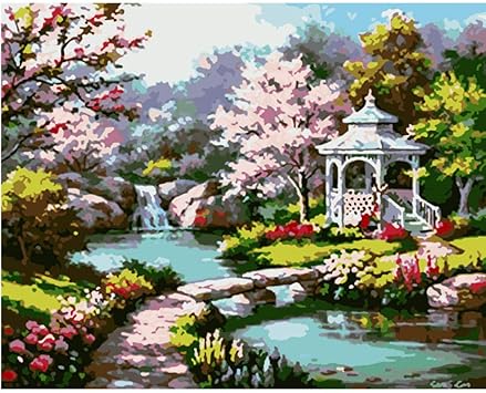 Digitale Malerei Diy Schonen Garten Weiss Pavillon Landschaft Leinwand Hochzeit Art Deco Bild Geschenk 50 Cm 65 Cm Amazon De Burobedarf Schreibwaren