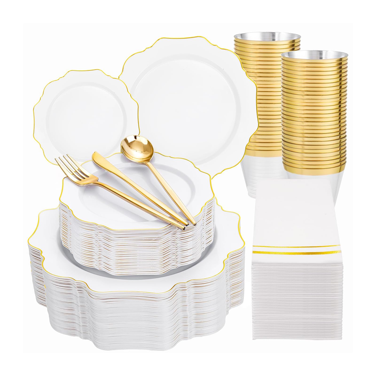 Photo 1 of WDF 350PCS White and Gold Plastic Plates - Gold Plates Disposable 50Guest Plastic Dinnerware Ideal for Party/Wedding/Birthday/Valentine's Day