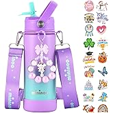 Mininoo Insulated Stainless Steel Kids Water Bottle for School with Straw Lid & Strap, 50 Stickers, 18 oz(Purple/Sky)