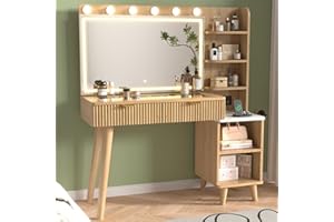 SFDOU Gray 40Inch Fluted Makeup Vanity Desk with 32" Mirror and Lights, Modern Glass Top Large Vanity Table with 2 Drawers an