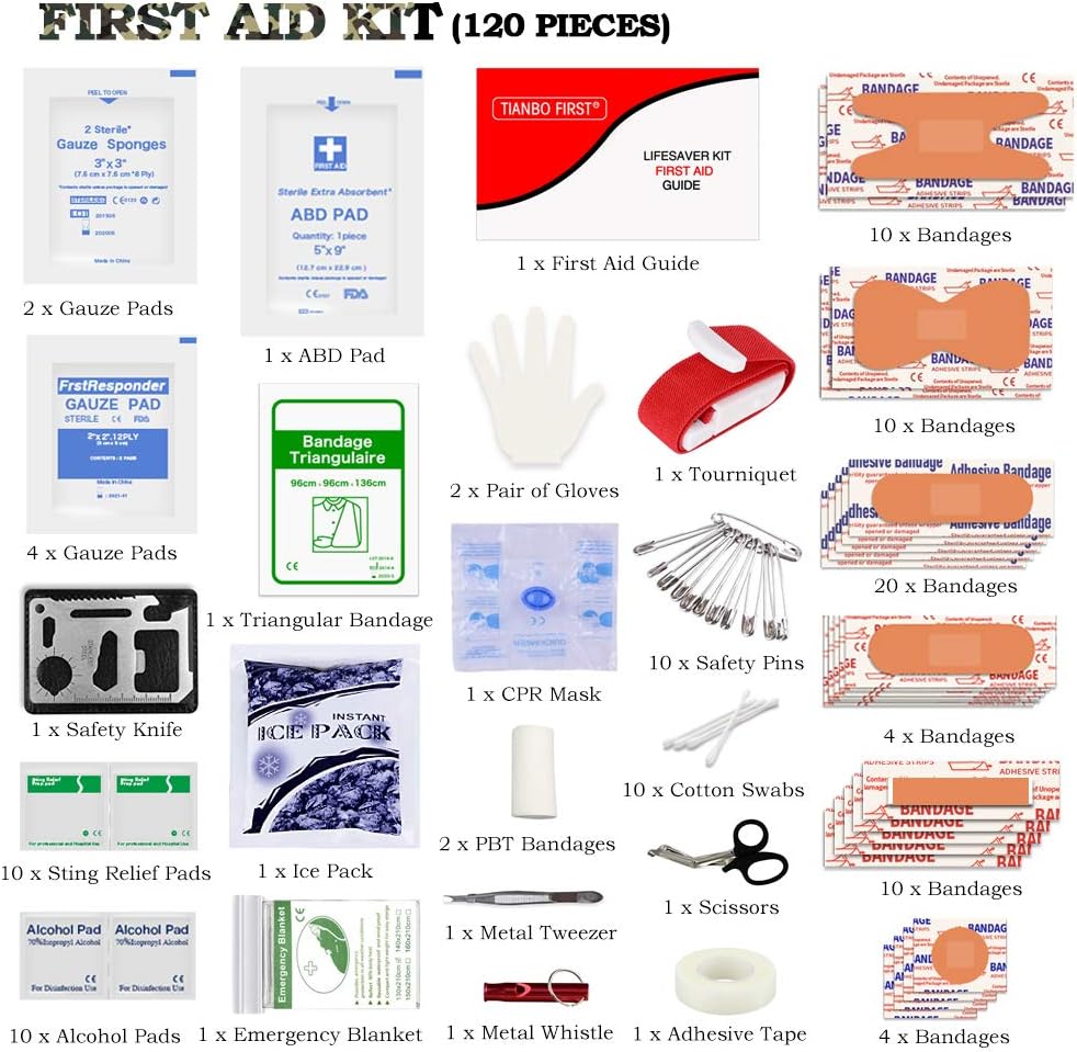 120 Pieces First Aid Kit, Tactical Trauma Kit Reflective Stripe, Great for Camping, Survival, Hiking, Rescue Camouflage : Sports & Outdoors