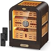 USEWIRE Cigar Humidor, 4 Side Windows humidor Cigar Box, Cedar Wood Drawer Humidor, with LED Lighting System, Digital Thermometer and 2 Cigar Humidifiers, Glass Top Cigar Case for 80-120 Cigars