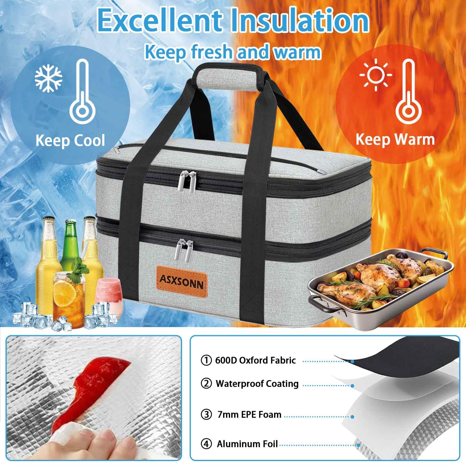 Double Decker Insulated Casserole Carrier for Hot or Cold Food, Expandable Insulated Food Carrier for Parties, Picnic, Beach, Fits 9