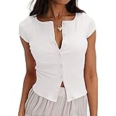 Womens Ribbed Short Sleeve Sweater Cardigan Button Down Shirts Cardigan Blouses for Women Dressy Casual Wear