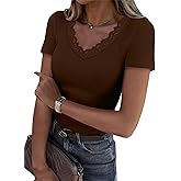 Dlaboonba Womens Lace V Neck Tops Short Sleeve Ribbed Knit Top Summer Slim Fit Casual T Shirts Blouse
