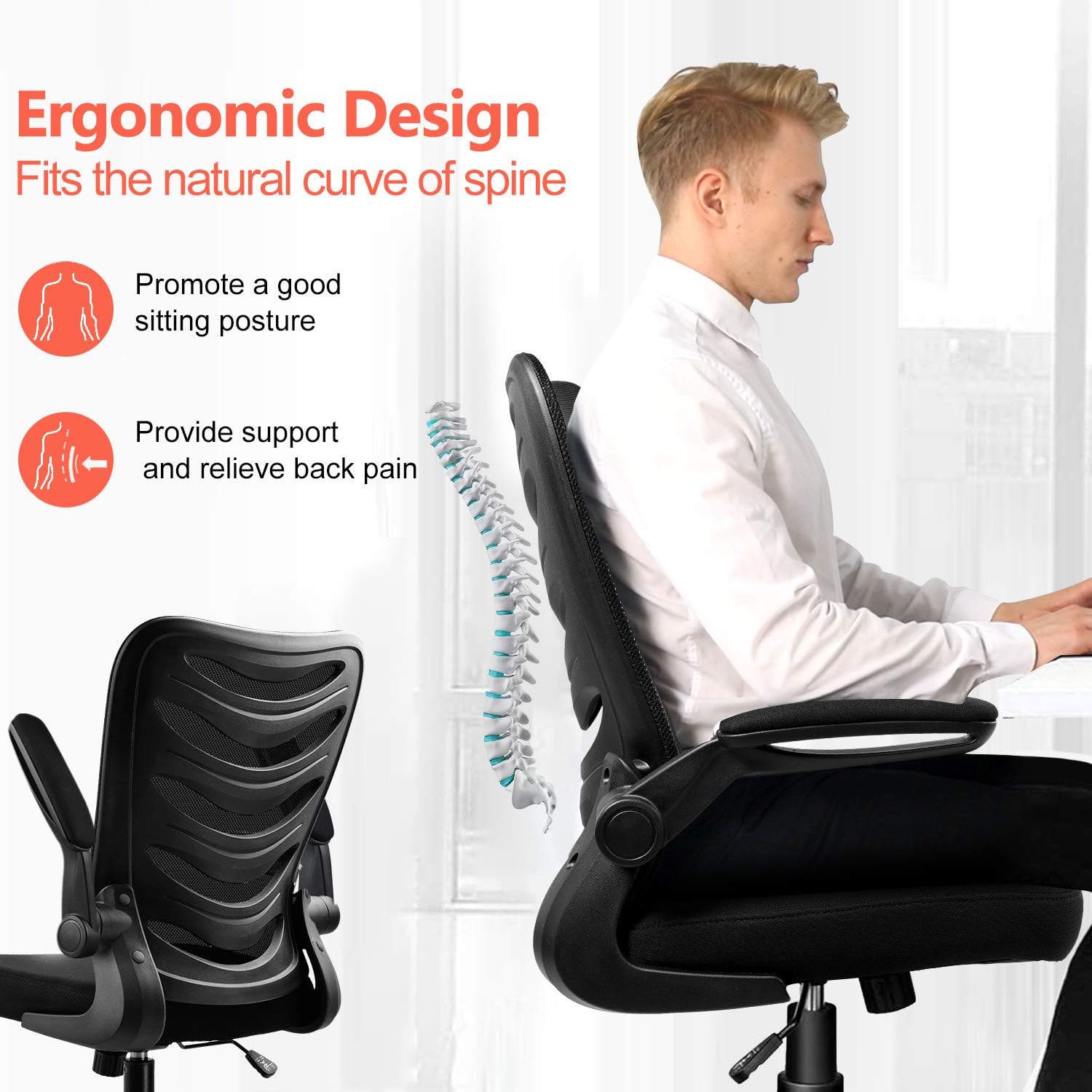 ComHoma Desk Chair Ergonomic Office Chair Mesh Computer Chair with Flip Up Arms Lumbar Support Adjustable Swivel Mid Back for Conference Home Office, Black: Furniture & Decor