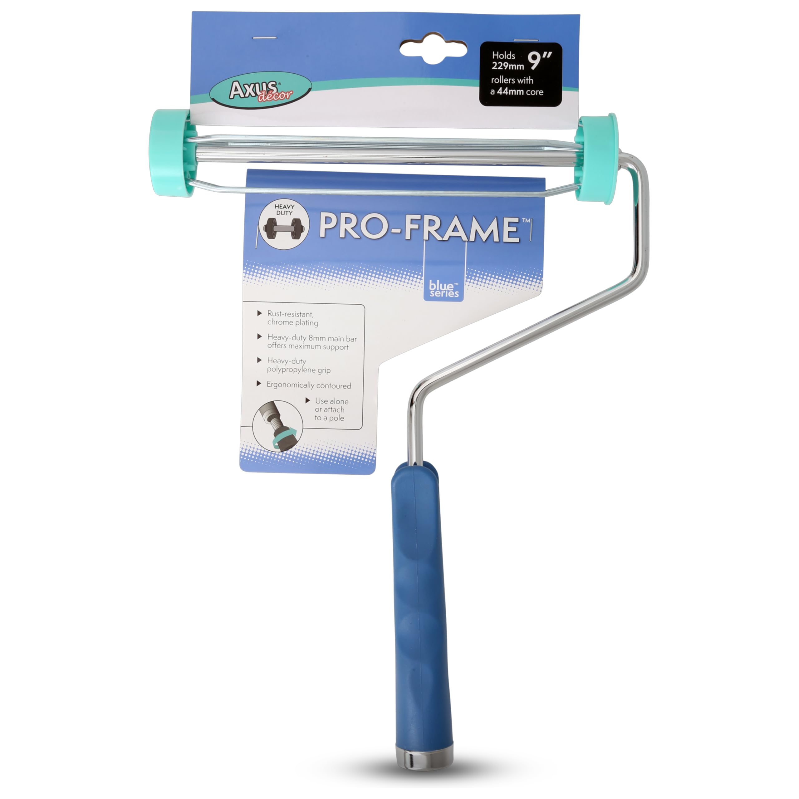 Axus Decor Pro-Frame (Blue Series) Paint Roller Handle, Ergonomic Polypropylene Handle & Chrome Plated Rod - Compatible with Screw-on Extension Poles - 9"/230mm,44mm core
