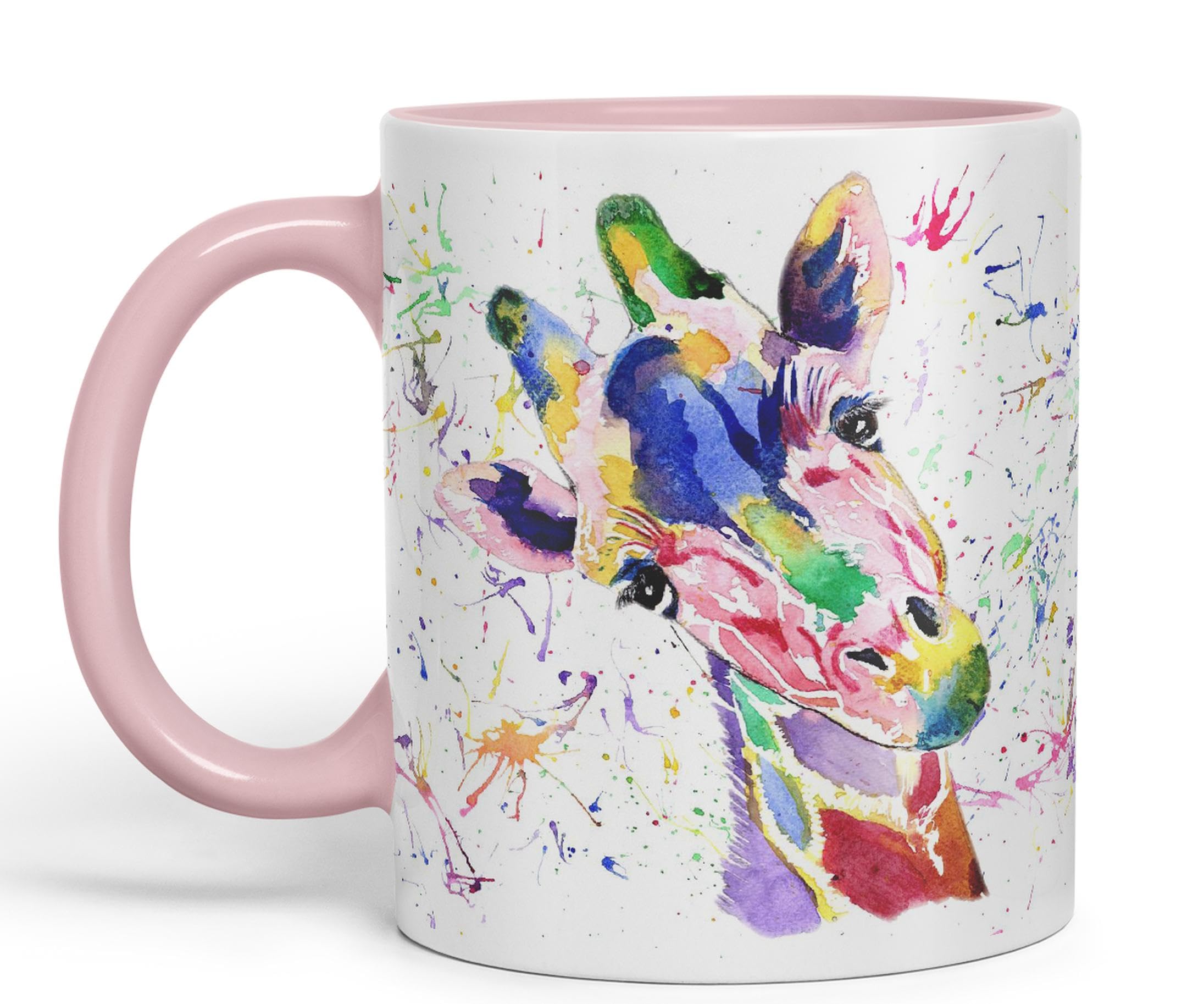 Vixar Cute Watercolour Giraffe Rainbow Art Coloured Mug Cup, Gift, Birthday, Work, Office, Christmas Tea Coffee (Pink)