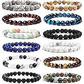 FINZOR 12 Pcs 8mm Gemstones Beaded Bracelets for Men Women Semi-Precious Stone Stretch Round Bead Crystal Bracelets Unisex