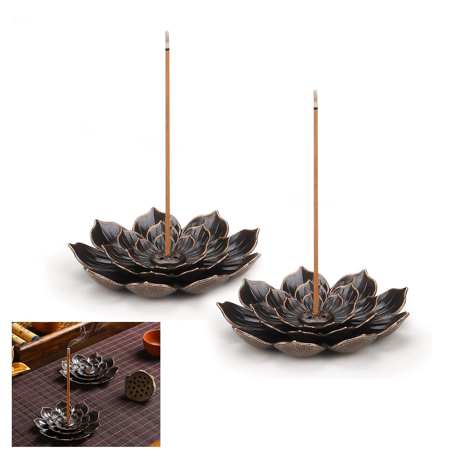 2-Pack Lotus Incense Holders, Detachable 6-Hole Brass Burner for Stick, Cone & Coil Incense - Ideal for Home, Office, Yoga Room, Meditation & Tea House
