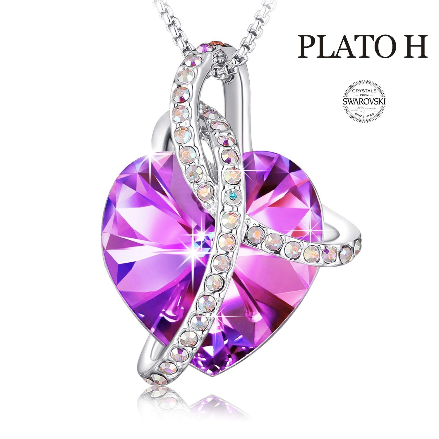Swarovski Element Necklace Color Changing Crystal Courageous Love Heart Pendant Necklace for Women, Birthday Birthstone Jewelry Gifts for Girl, Amethyst Purple Pink, 18\