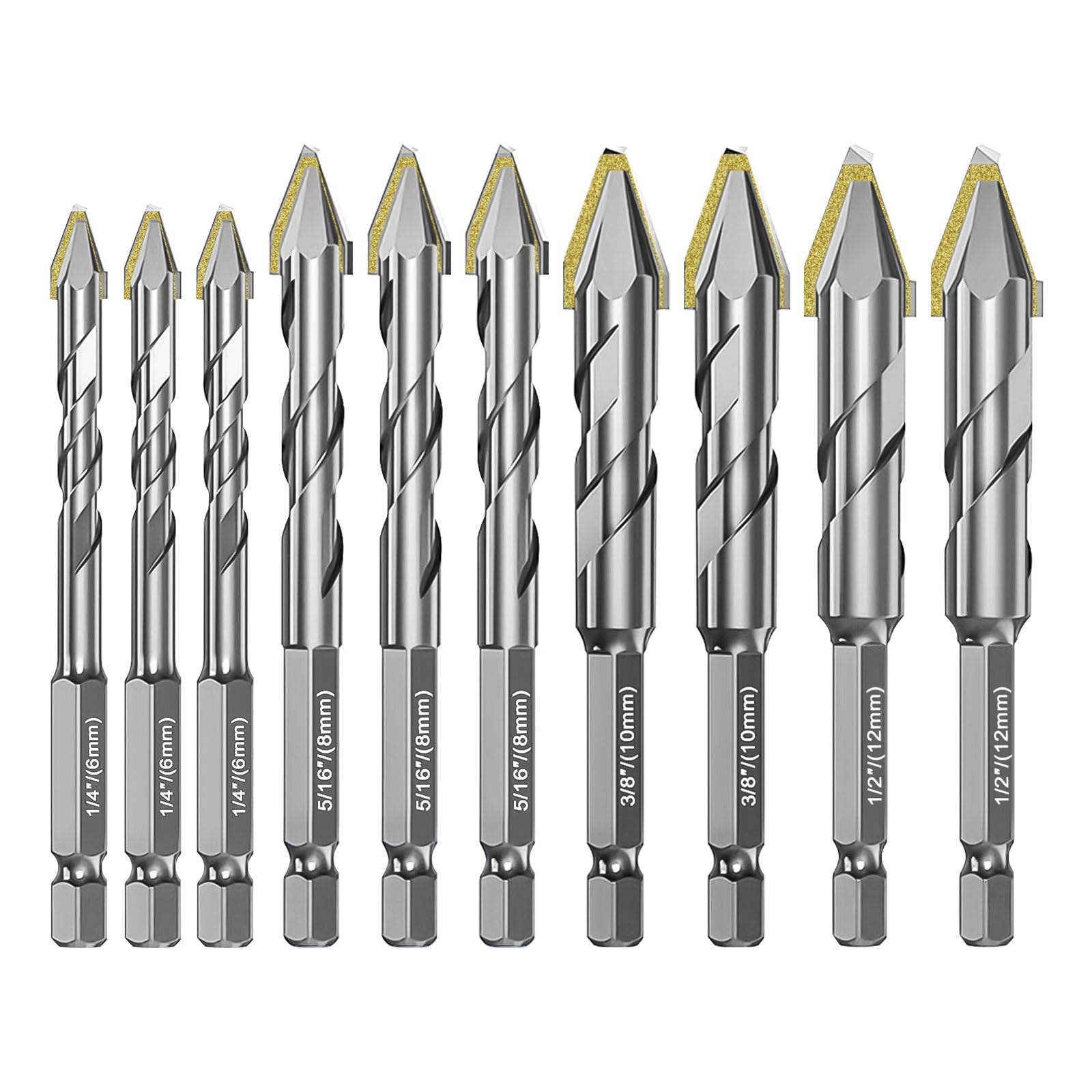 10 Pcs High Strength Eccentric Twist Drill Bit, 6/8/10/12mm High Hardness Skewed Head Eccentric Drill Bits Hexagonal Handle for Tiles Glass Hard Plastics Cement Concrete Granite (Gray)