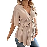 MakeMeChic Women's Maternity Blouse V Neck Wrap Ruffle Short Sleeve Belted Pregnancy Shirt