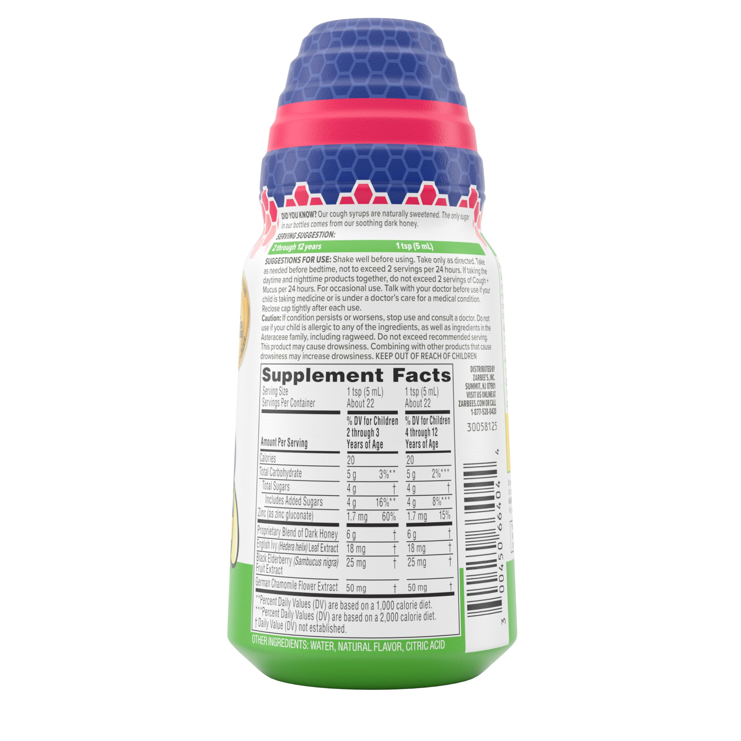 Zarbee's Children's Nighttime Honey Cough Syrup + Mucus for Kids 2+ + Dark Honey, Ivy Leaf, & Calming Chamomile, #1 Pediatrician Recommended, Drug & Alcohol-Free, Mixed Berry, 4 fl. oz