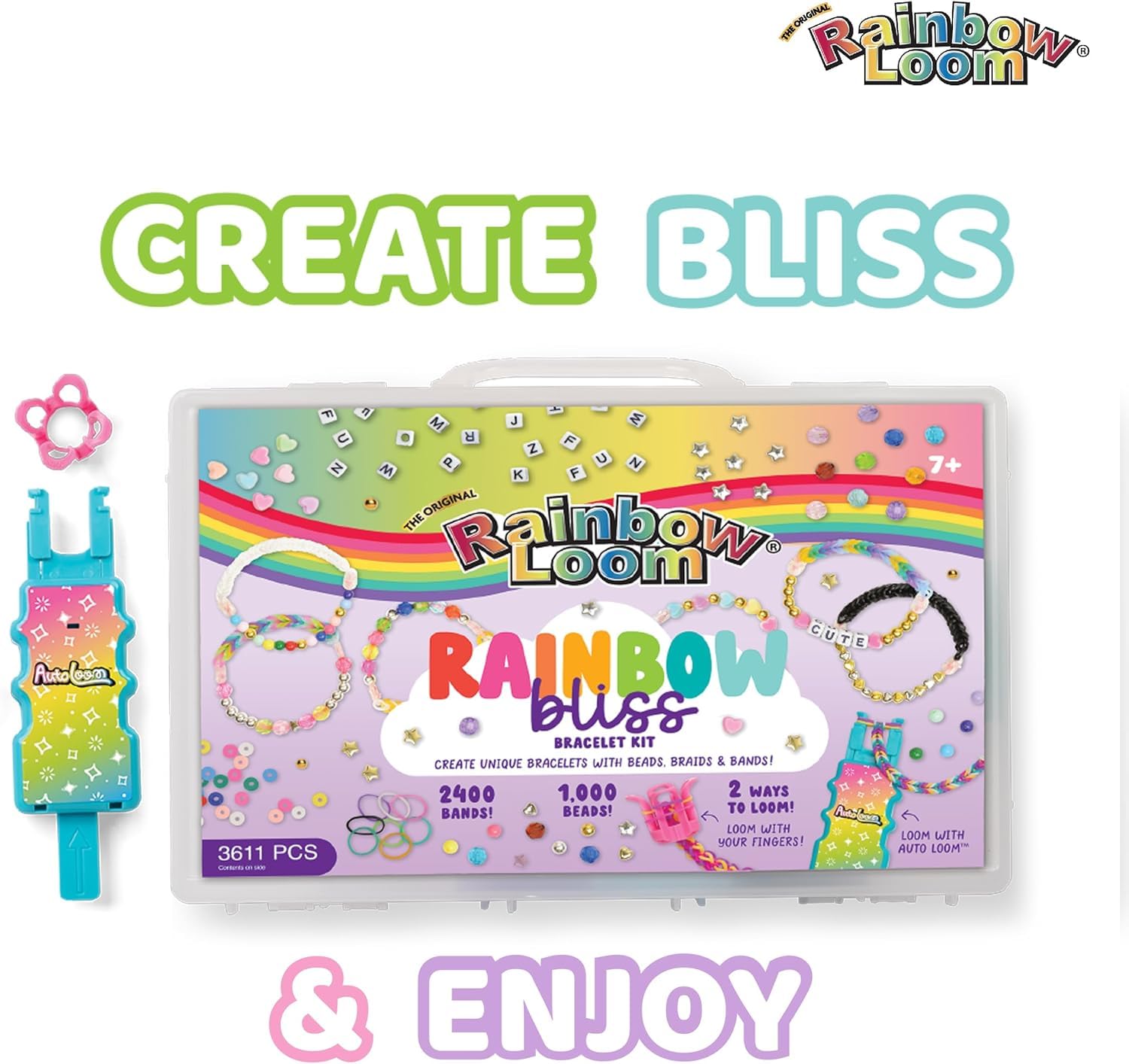 Rainbow Loom: 2,400 Bands & 1,000 Beads AutoLoom Rainbow Bliss Kit with AutoLoom & Finger Loom – DIY Braid & Bead Bracelet Jewelry Making Set for Kids 7+