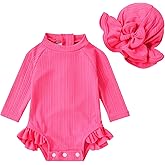 YOUNGER TREE Infant Baby Girls Swimsuit Long Sleeve Swimsuits One Piece Swimsuit Solid Color Bathing Suit with Hat, UPF 50+