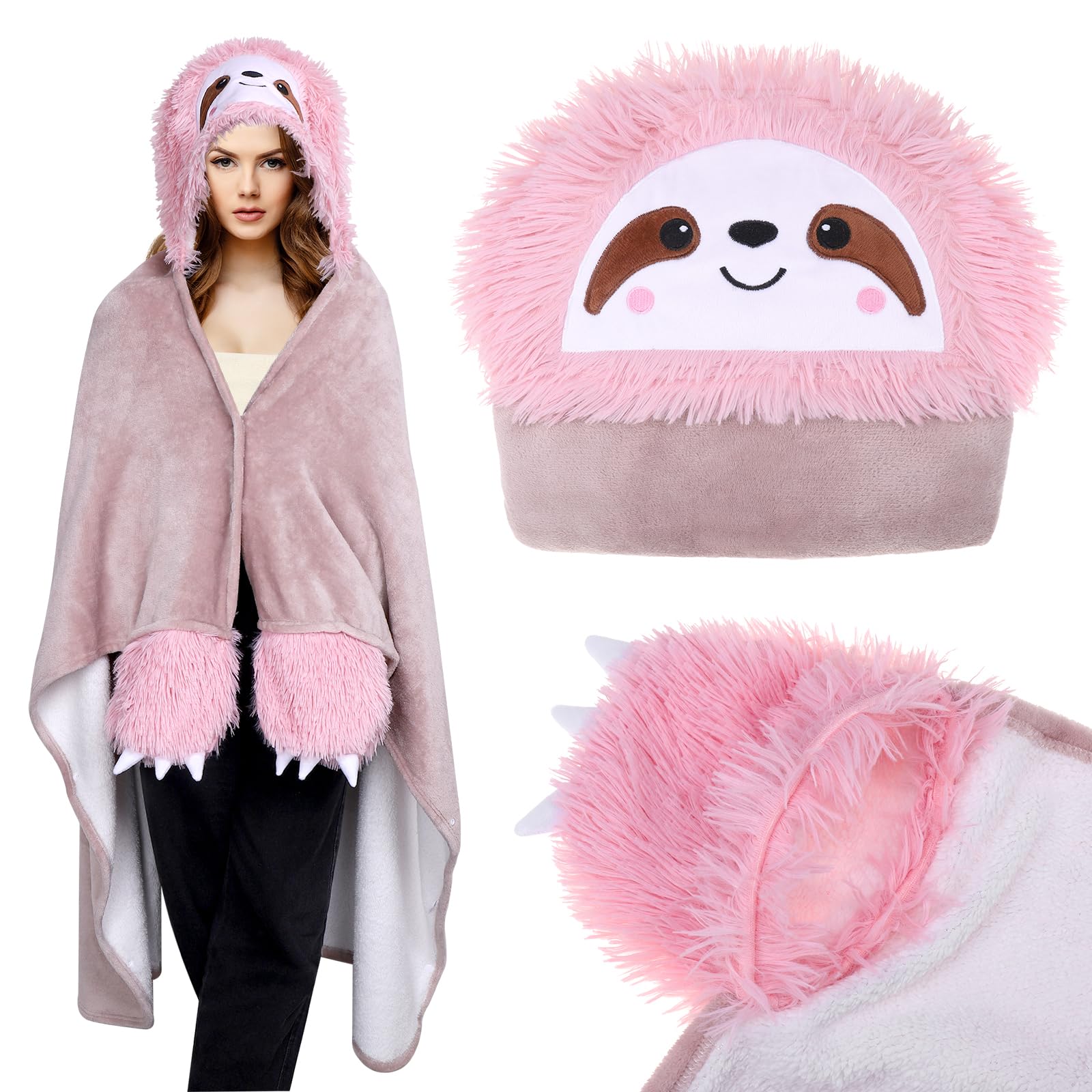 Kssvzz Sloth Gifts for Women, Wearable Hooded Fluffy Blanket, Oversized Warm Soft Blanket, Cute Hoodie Throw Cloak Wrap with Gloves for Girls, Boys, Kids (Pink)