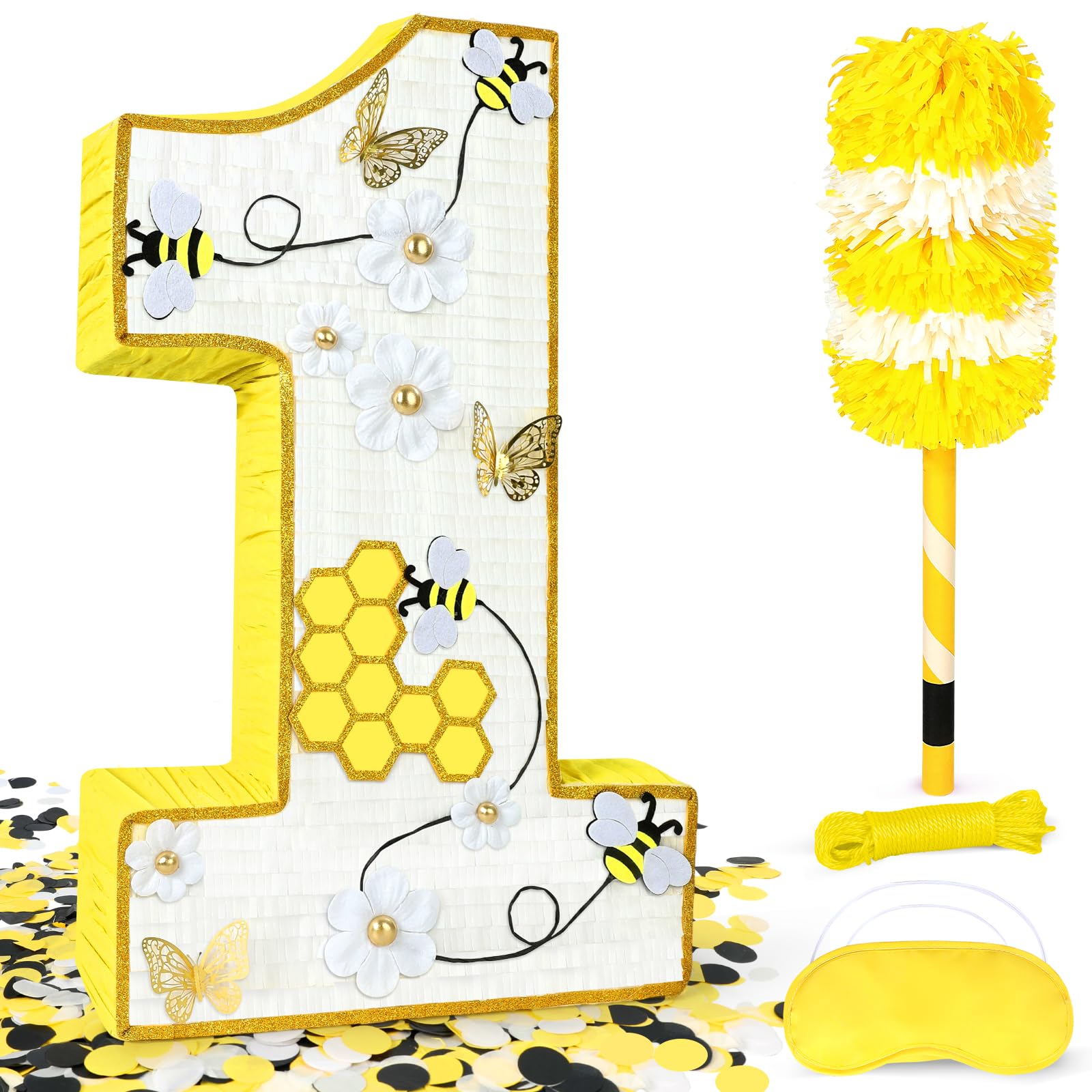 Bee Pinata - Yellow Number 1 Shape, 27 x 16 x 3 In - Honeycomb & Dasiy Accents for First Bee Day Party, Includes 24" Bat Stick, Eye Mask, Rope